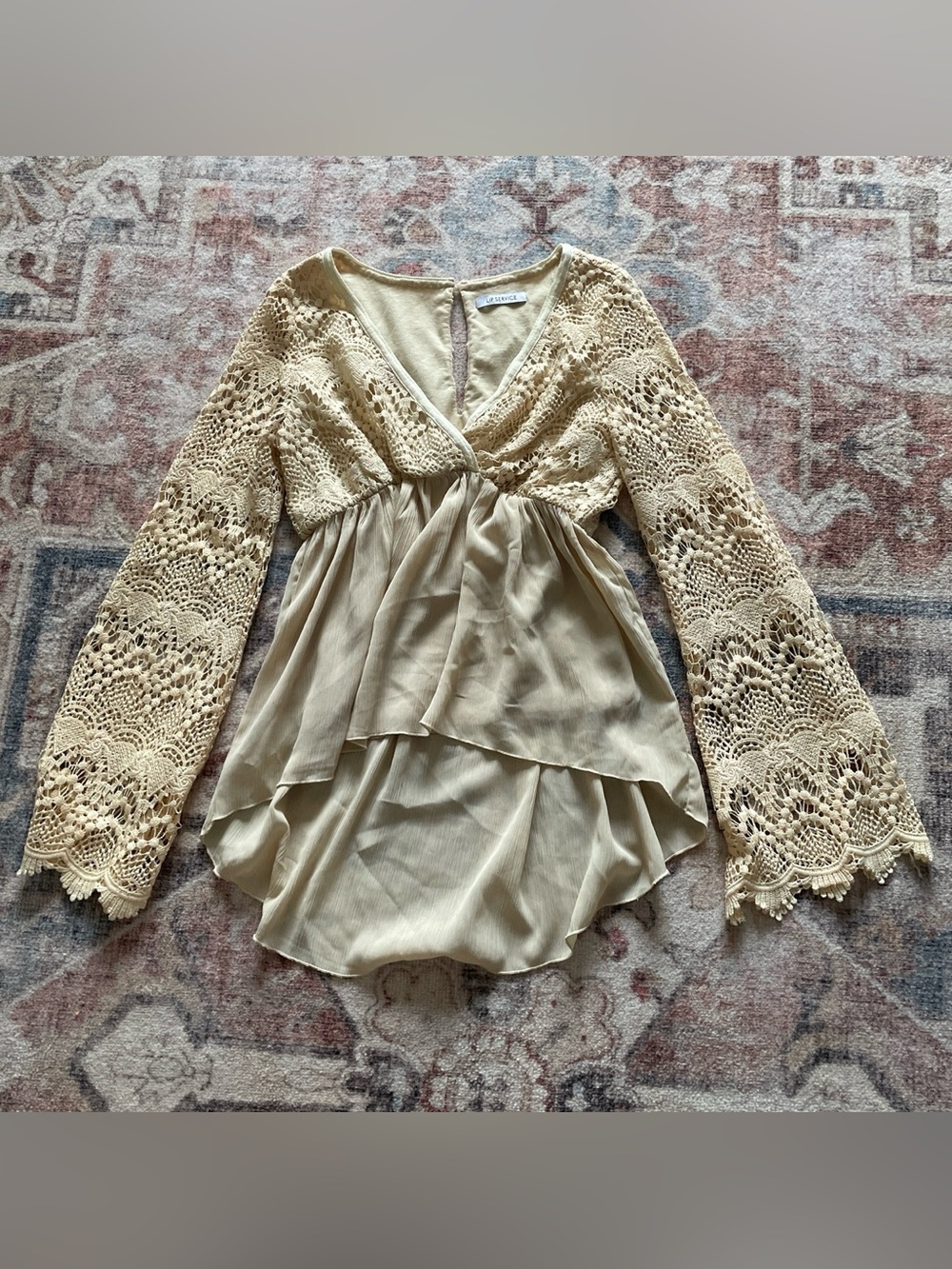 Lip Service Beige Crochet Lace Layered Peplum Blouse
